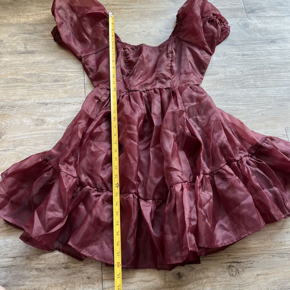 Hot Topic Cosmic Aura Dress Small Maroon Tiered Puff Sleeve Ruffle Mini NWT - Picture 6 of 7